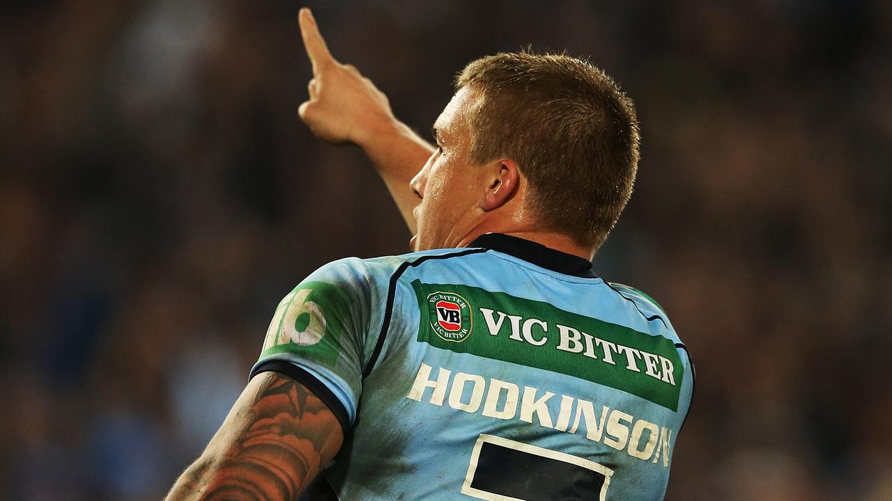 NSW's Trent Hodkinson celebrates a try during Game 2 of State of Origin series NSW Blues v Queensland Maroons at ANZ Stadium, Sydney. pic. Phil Hillyard