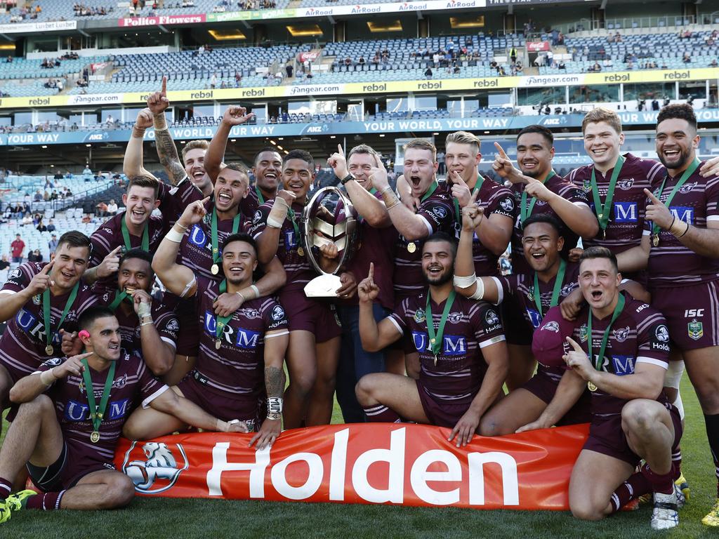 Manly players celebrate victory over Parramatta in the last Holden Cup U20’s grand final in 2017. Picture: Brett Costello