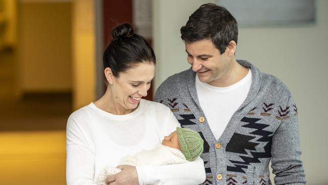 Ardern and her partner Clarke Gayford with their newborn daughter Neve in 2018.