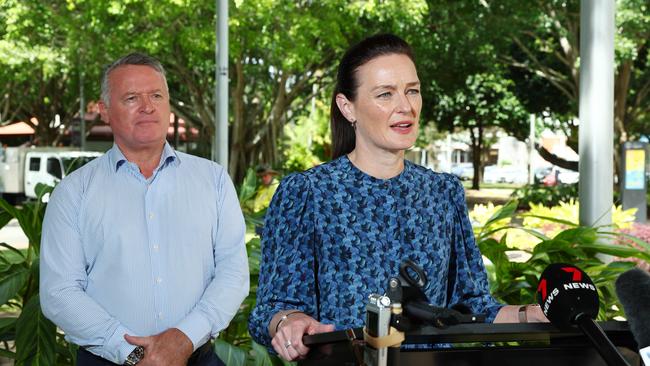 Member for Cairns Michael Healy and Queensland Minister for Children and Youth Justice Leanne Linard speak to the media about youth crime in Far North Queensland. Picture: Brendan Radke