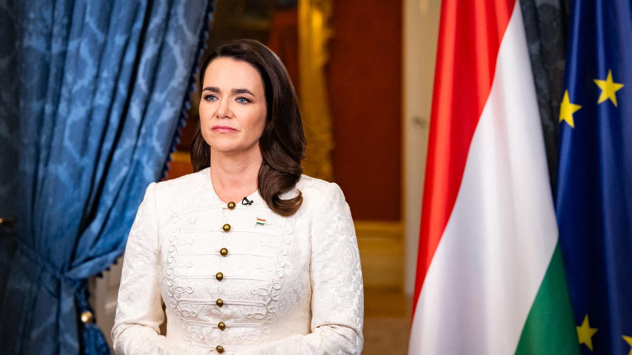 Hungary's President Katalin Novak as she announces her resignation in the presidential palace of Budapest on February 10, 2024. Picture: Sandor Palace / AFP