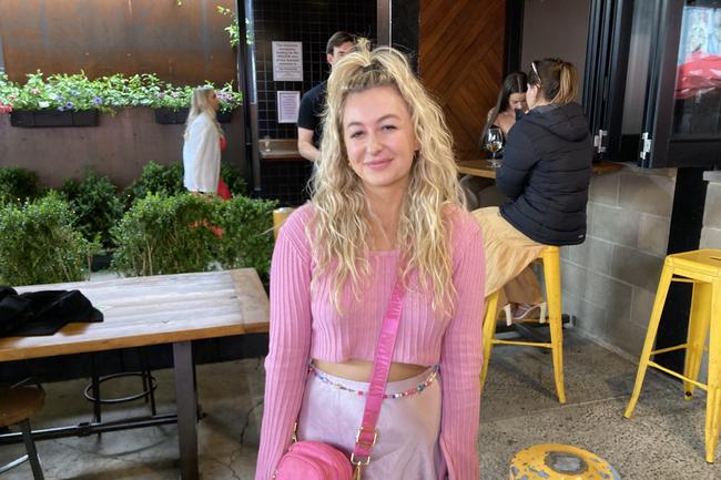 Melbourne cup Canberra . Jacque de Waal from Queanbeyan tickled pink in a y2k inspired races get up seen at hopscotch bar. Picture: Julia Kanapathippillai