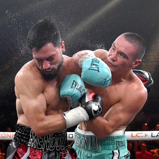 Tim Tszyu connects with a punch. Picture: Bradley Kanaris/Getty