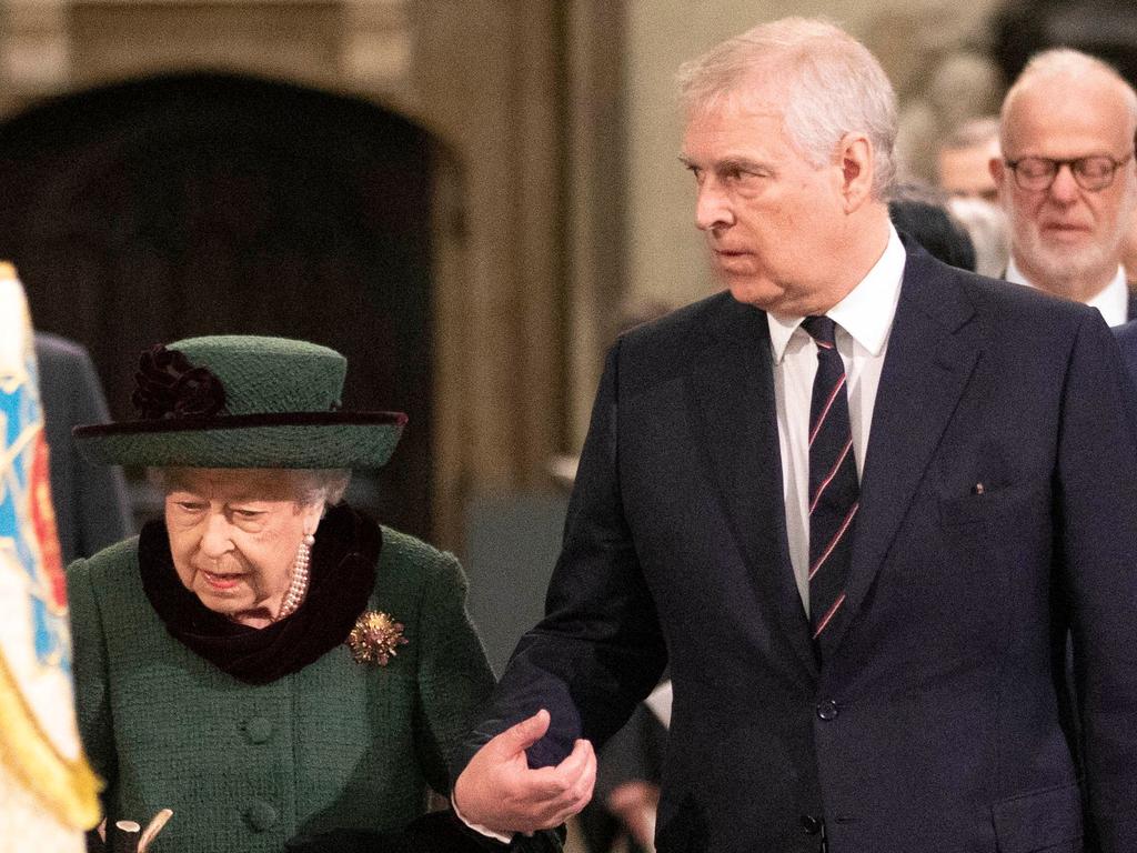 Queen Elizabeth and Britain's Prince Andrew, Duke of York, arrive to attend a Service of Thanksgiving for Britain's Prince Philip, Duke of Edinburgh, at Westminster Abbey in central London on March 29, 2022. Picture: AFP.