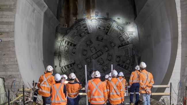 A tunnel boring machine breaks through at the Burwood North metro station site.