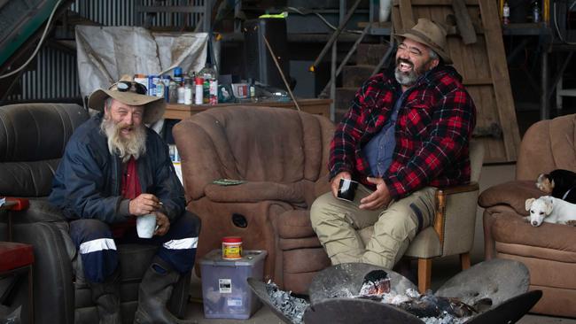 Kangaroo Island farmers Sam Mumford, right, and Peter Lock say opening up about their experiences has been a key in recovering from the trauma of the fires. Picture: Amy Pysden.,