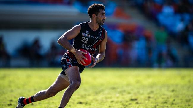 Marlion Pickett playing for the Tiwi Bombers against St Mary's in the 2024-25 NTFL semi-finals. Picture: Patch Clapp / AFLNT Media