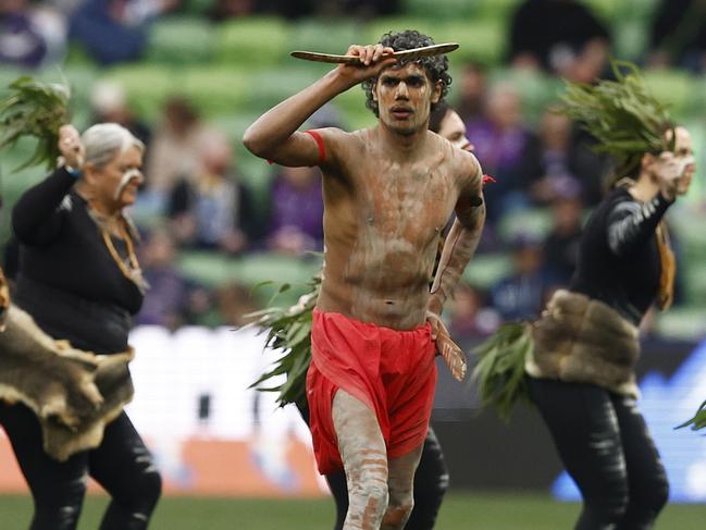 MELBOURNE, AUSTRALIA - JUNE 11: Indigenous dancers perform during a welcome to country before the round 15 NRL match between Melbourne Storm and Cronulla Sharks at AAMI Park on June 11, 2023 in Melbourne, Australia. (Photo by Daniel Pockett/Getty Images)