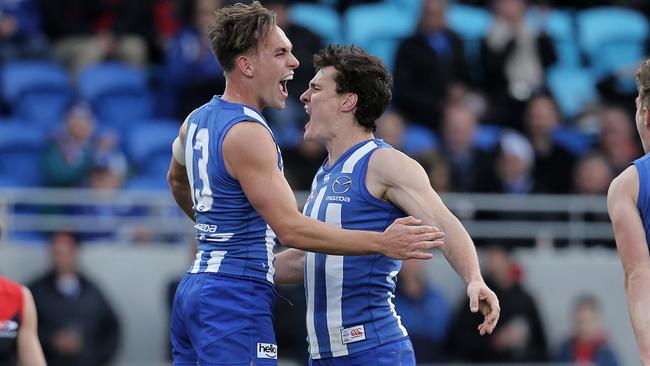 Ryan Clark and Scott Thompson celebrate a goal. Picture: Luke Bowden