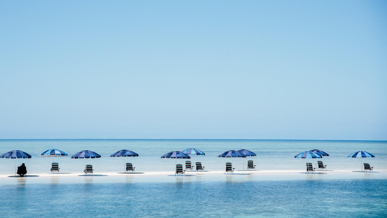 Chairs and umbrellas set up on the Malolo sandbar. Picture: Supplied