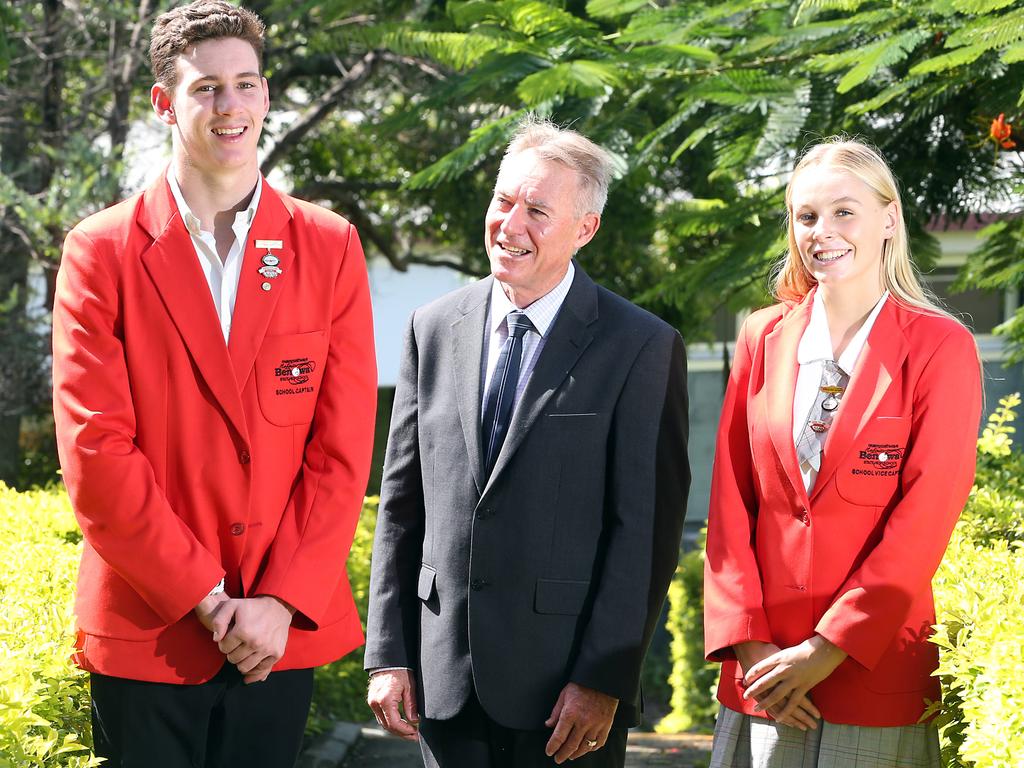 Benowa State High School has topped the state with their OP results. Principal Mark Rickard with school captains Matthew Coombes and Jemma Davey.15th February 2020 Benowa AAP Image/Richard Gosling