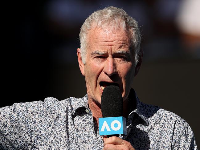 MELBOURNE, AUSTRALIA - JANUARY 25:   John McEnroe speaks on court after the Men's Singles third round match between Rafael Nadal of Spain and Pablo Carreno Busta of Spain on day six of the 2020 Australian Open at Melbourne Park on January 25, 2020 in Melbourne, Australia. (Photo by Clive Brunskill/Getty Images)