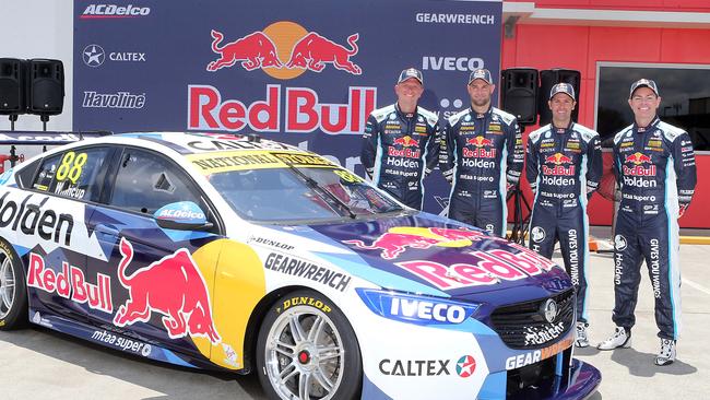 Red Bull Holden racing team revealing its 2020 livery for the V8 Supercars Championship in January. Pictured are Jamie Whincup, Shane van Gisbergen, Garth Tander and Craig Lowndes. Picture: AAP Image/Richard Gosling