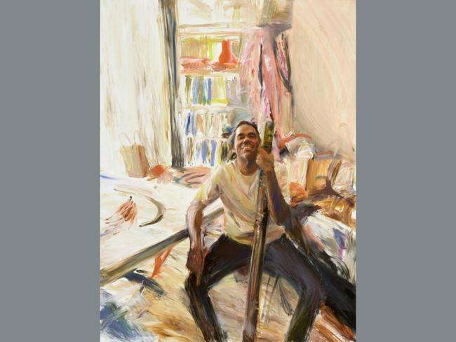 Finger painting of William Barton by Loribelle Spirovski depicts didgeridoo virtuoso William Barton, who has taken the instrument to new heights by engaging with classical music. Picture: Loribelle Spirovski, Archibald 2025, Photo: Art Gallery of New South Wales, Jenni Carter