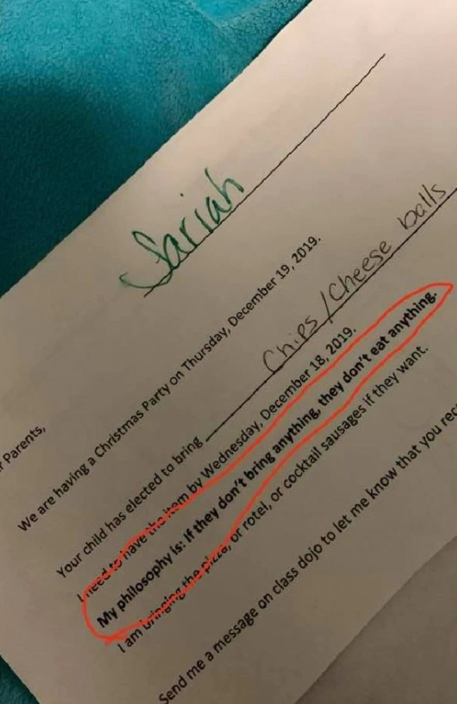 Another mum shared a note she received from her daughter’s schoolteacher, sparking fury. Picture: Supplied