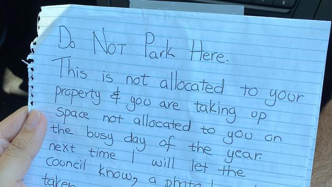 The note was left on the legally parked car on Christmas Day.