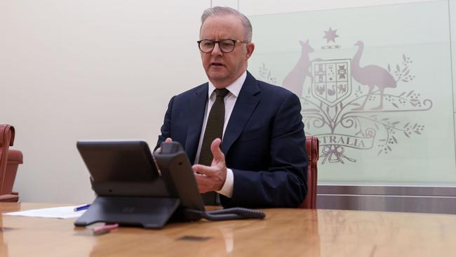 Anthony Albanese on the phone with Donald Trump in February.