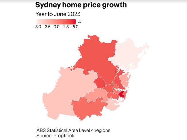 PropTrack’s heat map of Sydney's home price growth in June 2023.