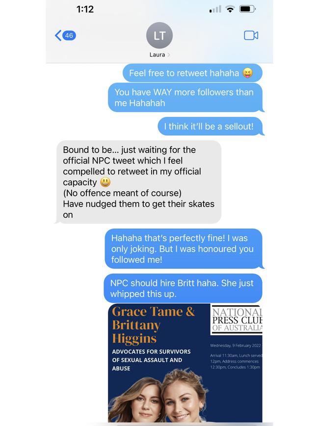 A text conversation between ABC journalist Laura Tingle and Brittany Higgins was submitted as evidence during the defamation trial. Picture: Supplied