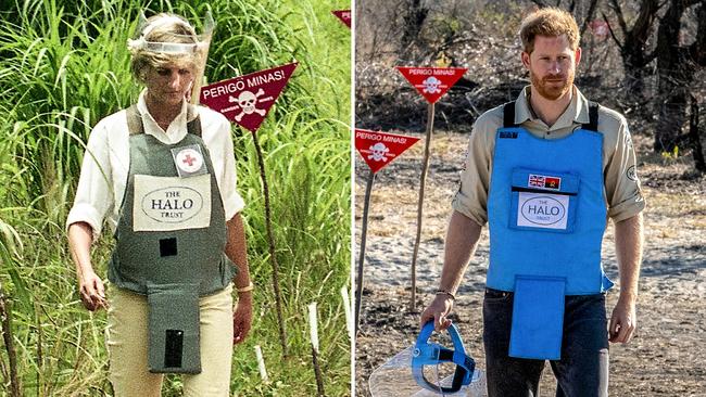 The Duke of Sussex visiting a minefield in Dirico last September and his late mother Diana, Princess of Wales, during her visit to a minefield in Angola in 1997.