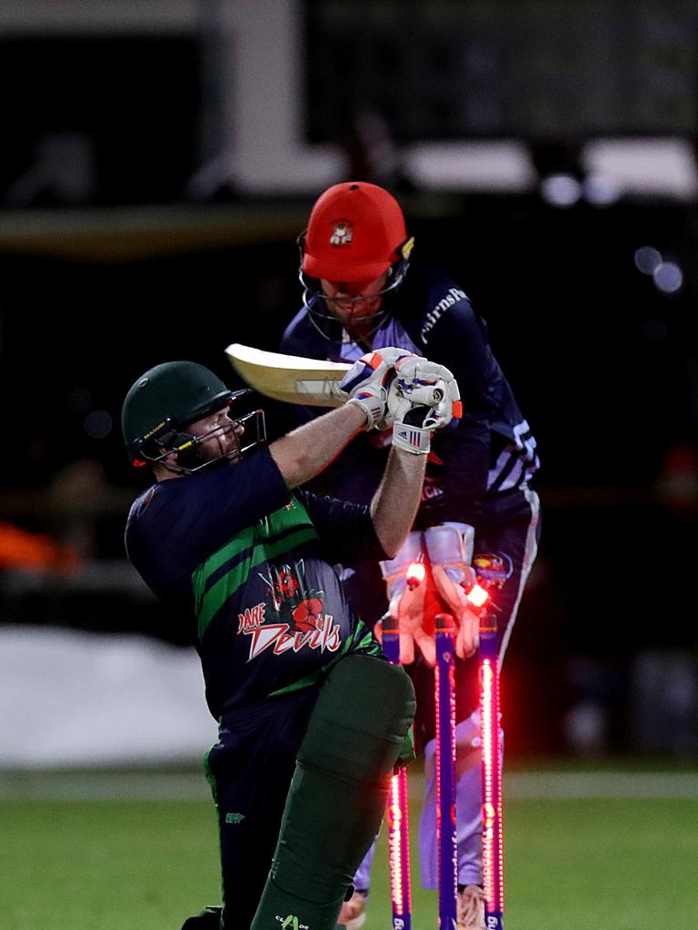 T20 Barrier Reef Big Bash: Designer First Homes Dare Devils v Halpin Hurricanes at Griffiths Park. Dare Devils' Joshua Chadwick gets bowled. Picture: Stewart McLean