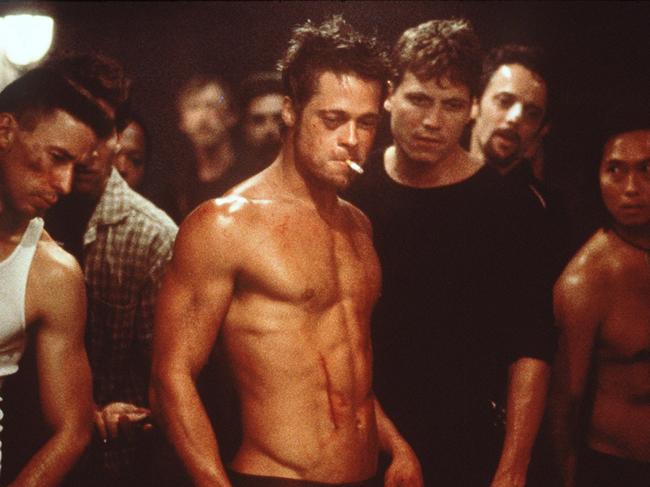 Actor Brad Pitt (cigarette) with Ed (Edward) Norton and others in scene from film ''Fight Club''. /Films/Titles/Fight/Club