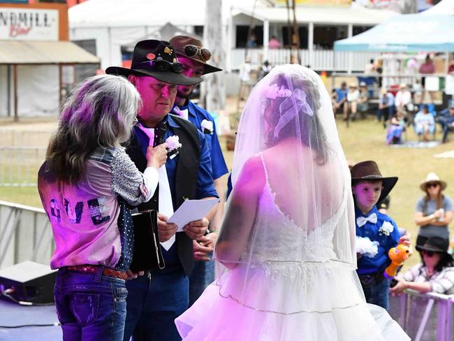 Simone Ward and Geoffrey Borninkhof, were married on The Hill Stage at Gympie Music Muster. Picture: Patrick Woods.