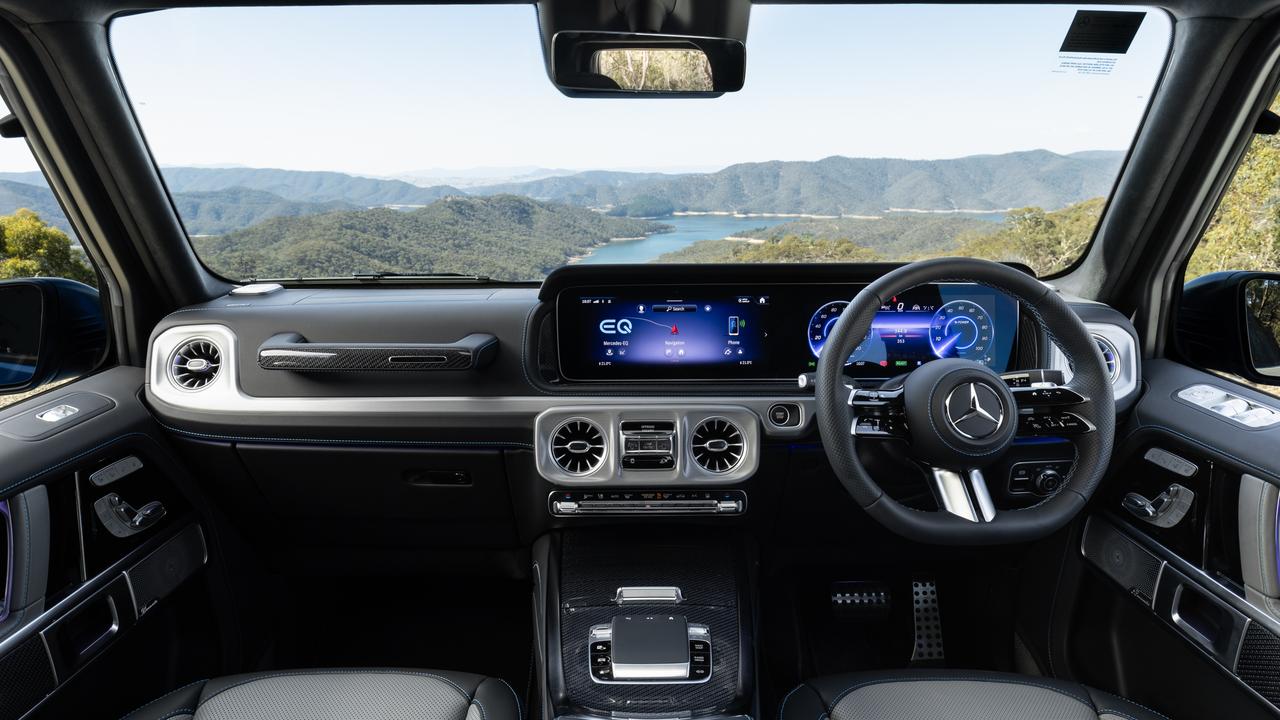 Inside the G 580 e keeps the signature G-Class luxury with MBUX digital displays, Burmester 3D sound, heated and cooled cupholders and plush Nappa leather seating. Picture: Supplied