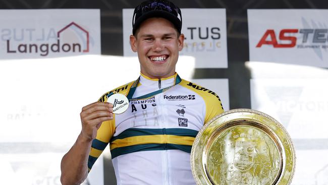 Victorian Luke Plapp is all smiles after winning the Elite Men's road races at Australian National Championships at Buninyong in Ballarat, Victoria, Sunday, January 8, 2023. Photo by Con Chronis/AusCycling.