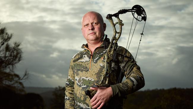 David Pope with his hunting gear at Williamstown. Picture: Matt Loxton
