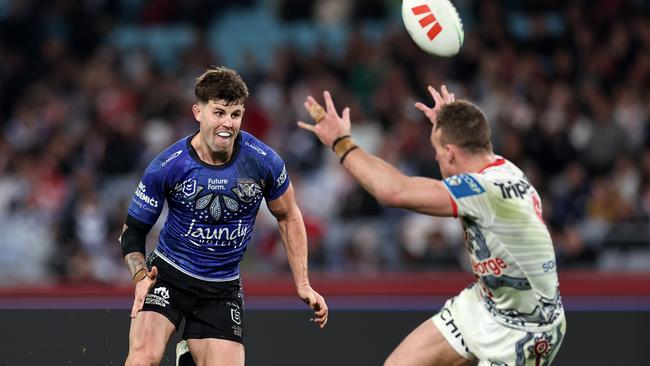 SYDNEY, AUSTRALIA - MAY 23:  Toby Sexton of the Bulldogs kicks the ball during the round 12 NRL match between Canterbury Bulldogs and St George Illawarra Dragons at Accor Stadium on May 23, 2024, in Sydney, Australia. (Photo by Cameron Spencer/Getty Images)