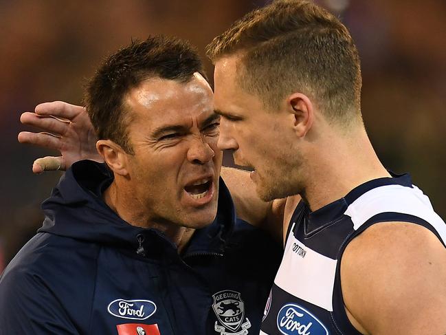 Cats coach Chris Scott (left) and captain Joel Selwood are seen during the First Elimination Final between the Melbourne Demons and the Geelong Cats in Week 1 of the AFL Finals Series at the MCG in Melbourne, Friday, September 7, 2018. (AAP Image/Julian Smith) NO ARCHIVING, EDITORIAL USE ONLY