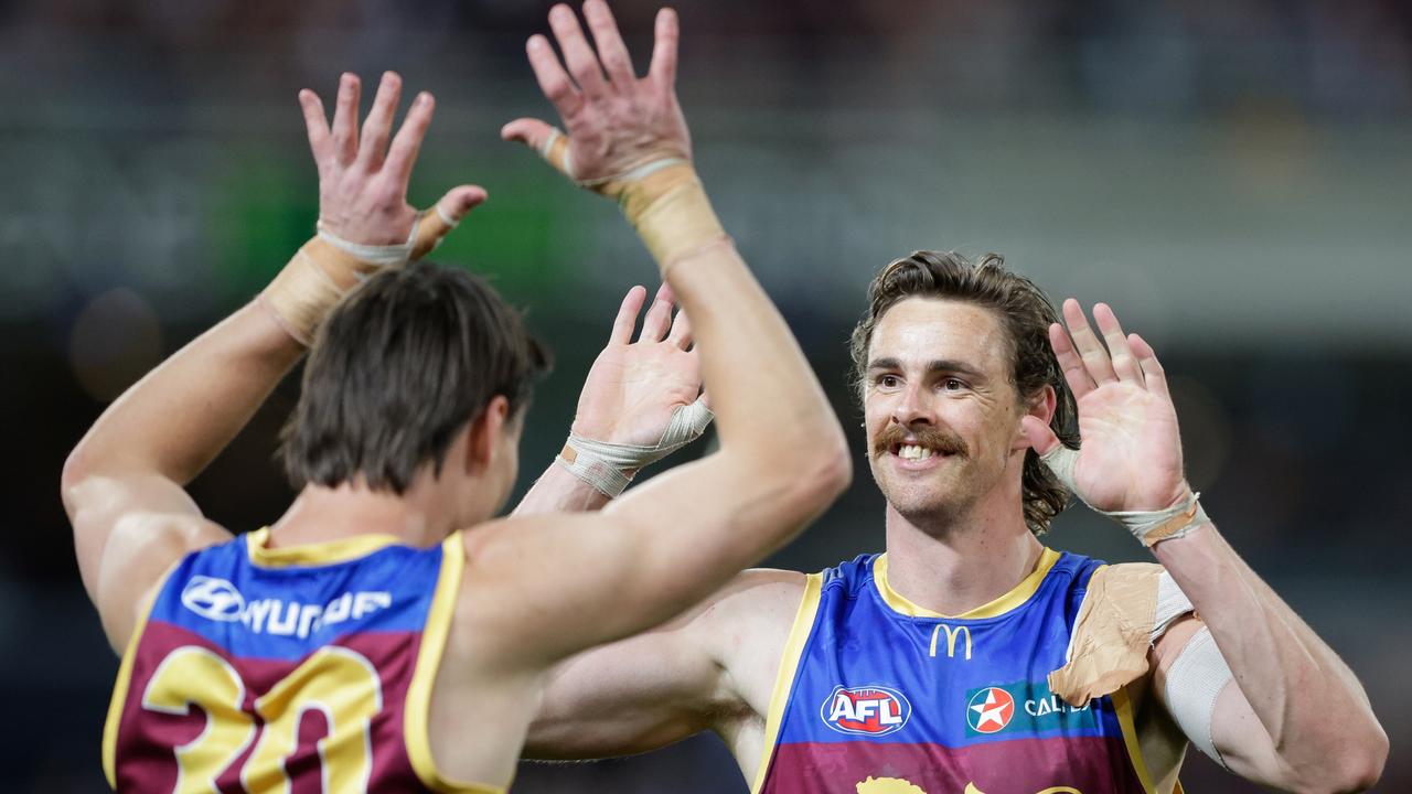 Joe Daniher and Eric Hipwood are the Lions’ twin towers. Picture: Getty Images