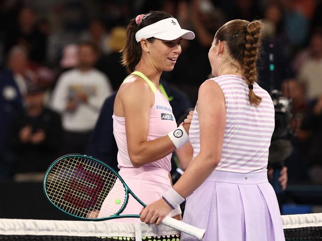 CORRECTION / Latvia's Jelena Ostapenko (R) greets Australia's Ajla Tomljanovic (L) after victory in their women's singles match on day five of the Australian Open tennis tournament in Melbourne early on January 19, 2024. (Photo by David GRAY / AFP) / -- IMAGE RESTRICTED TO EDITORIAL USE - STRICTLY NO COMMERCIAL USE -- / âThe erroneous mention[s] appearing in the metadata of this photo by David GRAY has been modified in AFP systems in the following manner: [early on January 19, 2024] instead of [January 18, 2024]. Please immediately remove the erroneous mention[s] from all your online services and delete it (them) from your servers. If you have been authorized by AFP to distribute it (them) to third parties, please ensure that the same actions are carried out by them. Failure to promptly comply with these instructions will entail liability on your part for any continued or post notification usage. Therefore we thank you very much for all your attention and prompt action. We are sorry for the inconvenience this notification may cause and remain at your disposal for any further information you may require.â