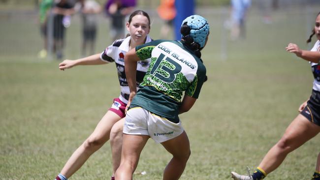 Action at the 2023 Pacifika youth rugby cup at Whalan reserve. Under 18s girls Barbarians v Cook Islands Picture: Warren Gannon Photography.