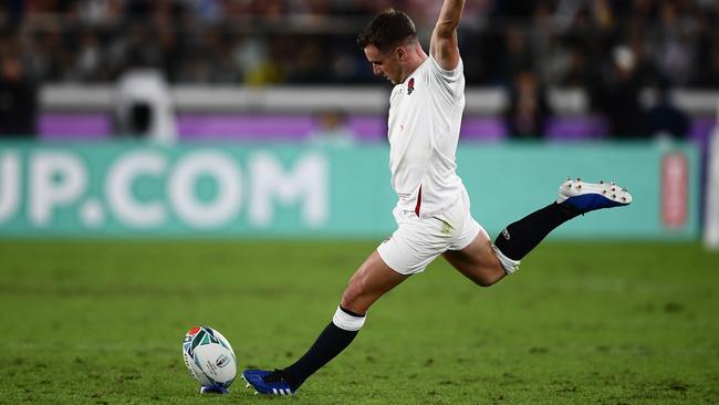 England's fly-half George Ford hits a penalty kick during the Japan 2019 Rugby World Cup semi-final match. Picture: AFP