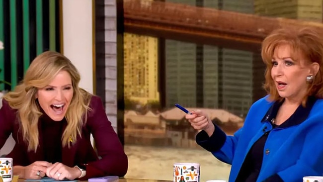 Sara Haines (left) awkwardly laughs as co-star Joy Behar exposes her past ‘lesbian relationship’ live on The View.