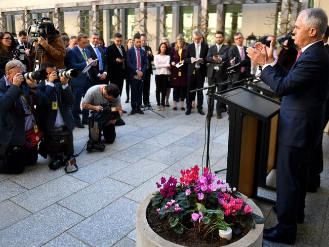 Minister for Energy Josh Frydenberg and Prime Minister Malcolm Turnbull at a press conference at Parliament House in Canberra, Tuesday, August 14, 2018. (AAP Image/Mick Tsikas) NO ARCHIVING
