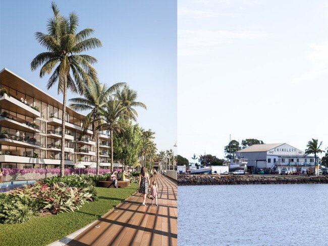 THEN AND NOW: A side by side of proposed artist’s impression of the new Gateway Marina and existing Burnett Heads visage.