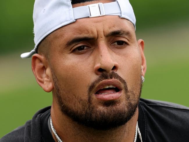 File Photo: Australian Tennis Player Nick Kyrgios Withdraws From Wimbledon With Wrist Injury - LONDON, ENGLAND - JUNE 28: Nick Kyrgios of Australia looks on during a practice session ahead of The Championships - Wimbledon 2023 at All England Lawn Tennis and Croquet Club on June 28, 2023 in London, England. (Photo by Clive Brunskill/Getty Images)