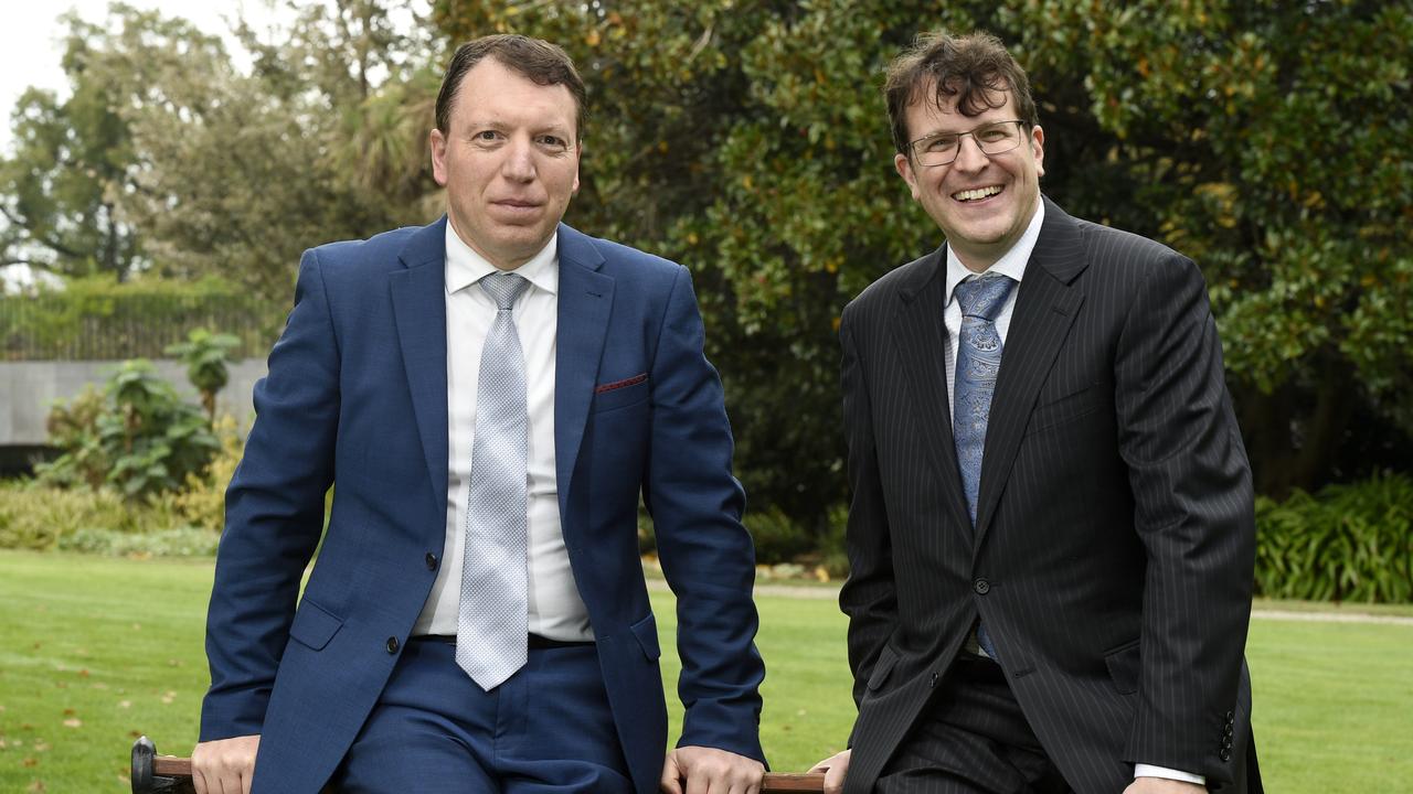 Anti-Defamation Commission chair Dvir Abramovich (left) and Jewish Community Council of Victoria president Daniel Aghion at Wednesday’s announcement. Picture: NCA NewsWire / Andrew Henshaw