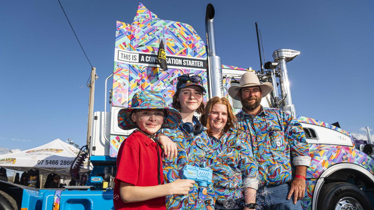 Emma and Aaron Girdler with their kids Tahnee and Ryan are excited to win best wrap at Lights on the Hill Trucking Memorial, Saturday, October 5, 2024. Picture: Kevin Farmer