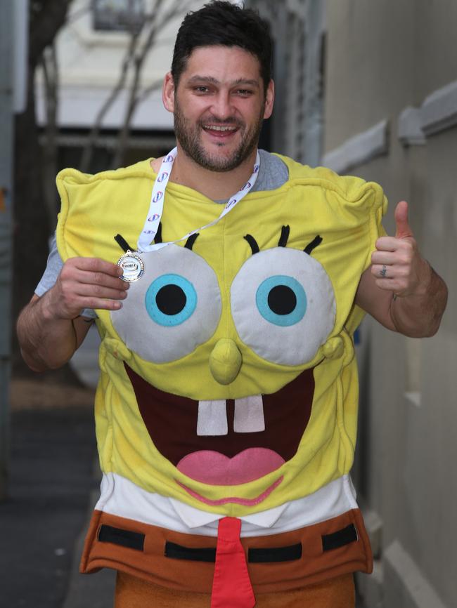 Brendan Fevola is dressed as Sponge Bob for Mad Monday. Picture: David Crosling