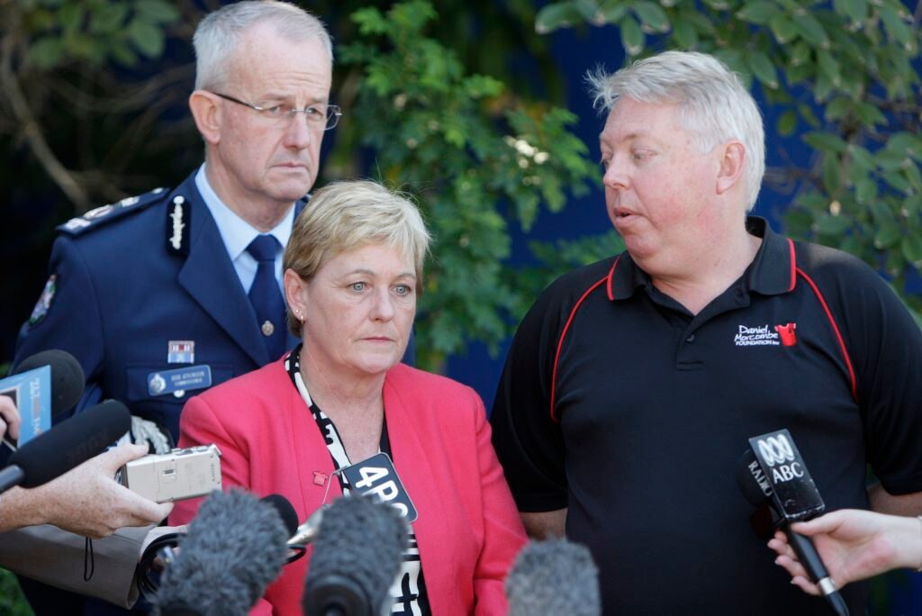 Bruce and Denise Morcombe speak to the media after bones found at Beerwah have been confirmed as belonging to Daniel Morcombe. . Picture: Cade Mooney