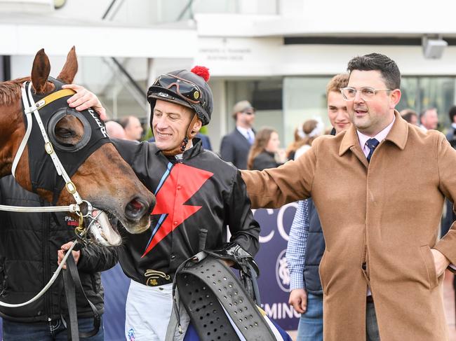 Blake Shinn with trainer Mitchell Beer after his horse Mnementh won the Santa Ana Lane Sprint Series Final at Flemington Racecourse on July 01, 2023 in Flemington, Australia. (Photo by Brett Holburt/Racing Photos via Getty Images)