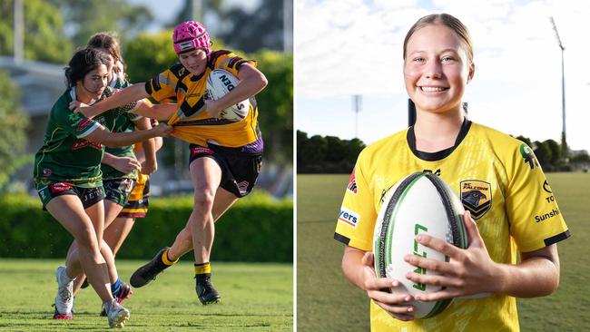 Sunshine Coast Falcons under-19s women’s players Takoda Thompson and Sky Antoniolli. Pictures: Kyliesfootyphotos and Patrick Woods.