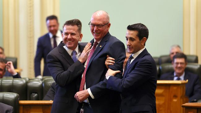 Queensland Premier David Crisafulli and deputy premier Jarrod Bleijie bring the new Speaker Pat Weir to his chair at parliament’s first sitting in November. Picture Office of the Premier