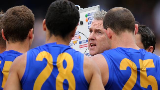 Eagles coach Adam Simpson addresses his players at the three quarter time. Picture: Paul Kane/Getty Images