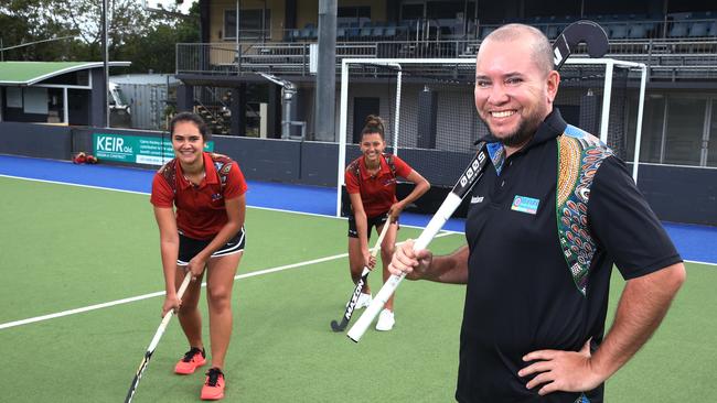 Cairns Hockey’s Aspire to be Deadly team have launched the Cairns Aspire Hockey Hub and Yarning Place in the old clubhouse at the Cairns Hockey Facility. Pictured are Aspire to be Deadly development officers Jess Fatnowna and Lisa Fatnowna, and program co-ordinator Wes Ferns. PICTURE: BRENDAN RADKE