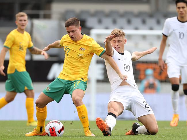 The All Whites bested Australia in many of the one-on-one contests through their two game series. Picture: Fiona Goodall/Getty Images